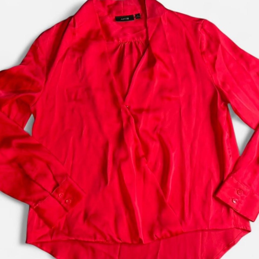 Small Silky Red Blouse V Neck